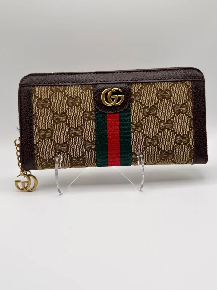 Gucci Ophidia GG Zip‑Around Wallet｜Web Stripe Canvas Leather Women Purse