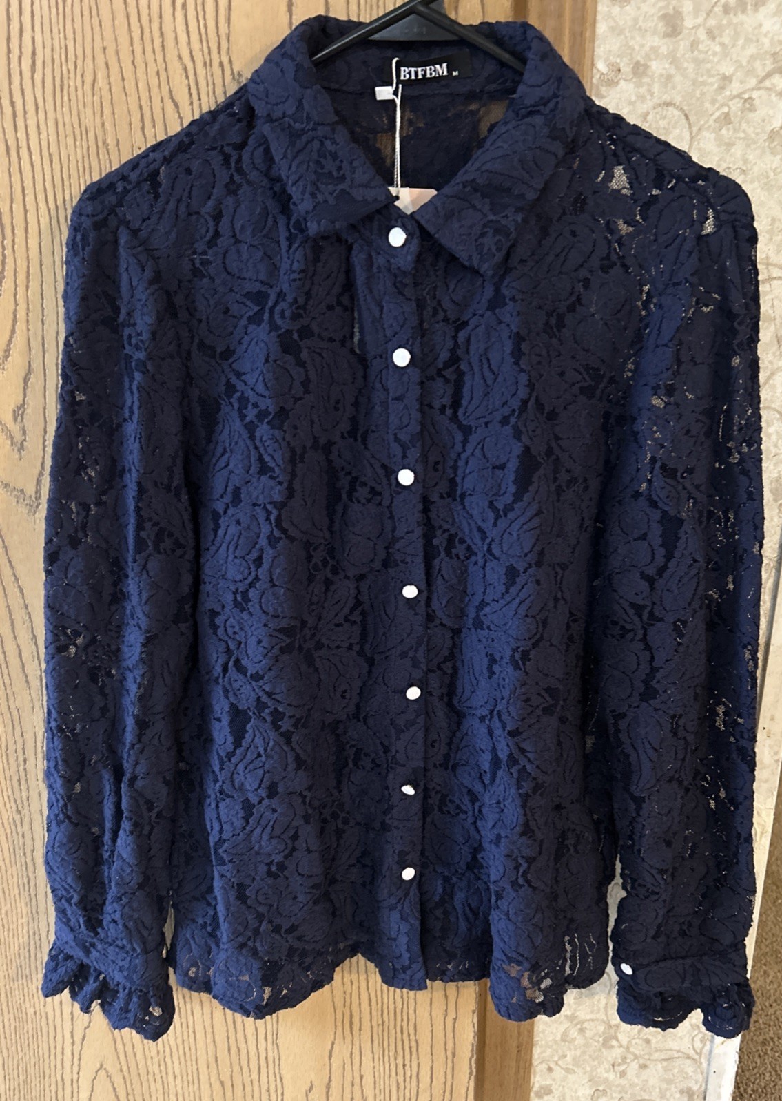 BTFBM Navy Blue Lace Blouse M Long Sleeve High Neck Button Front Top Bell Cuffs