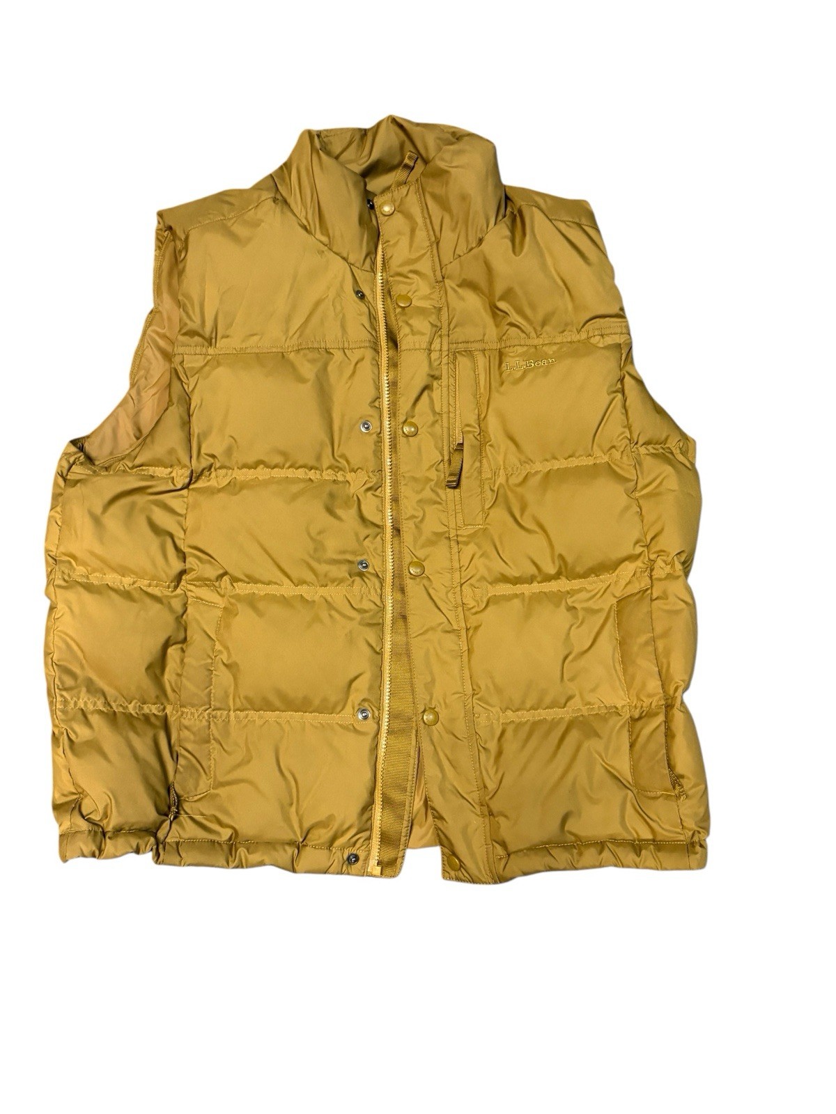 L.L.Bean Men’s Down Puffer Vest Size Large Regular Mustard Yellow Zip Snap Up