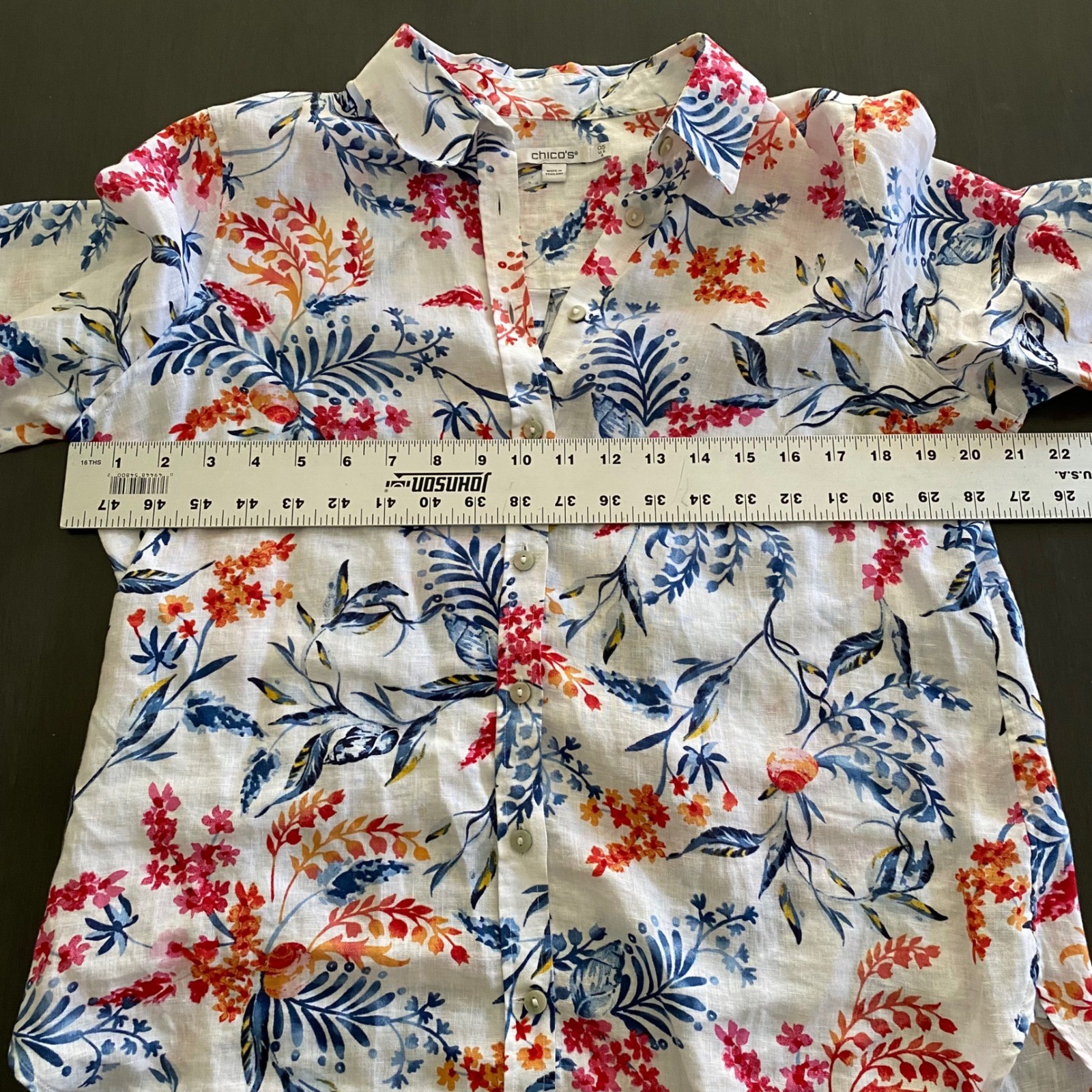 Chicos Floral 100% Linen Button Down Shirt White Blue Pink Orange US 6 570367210