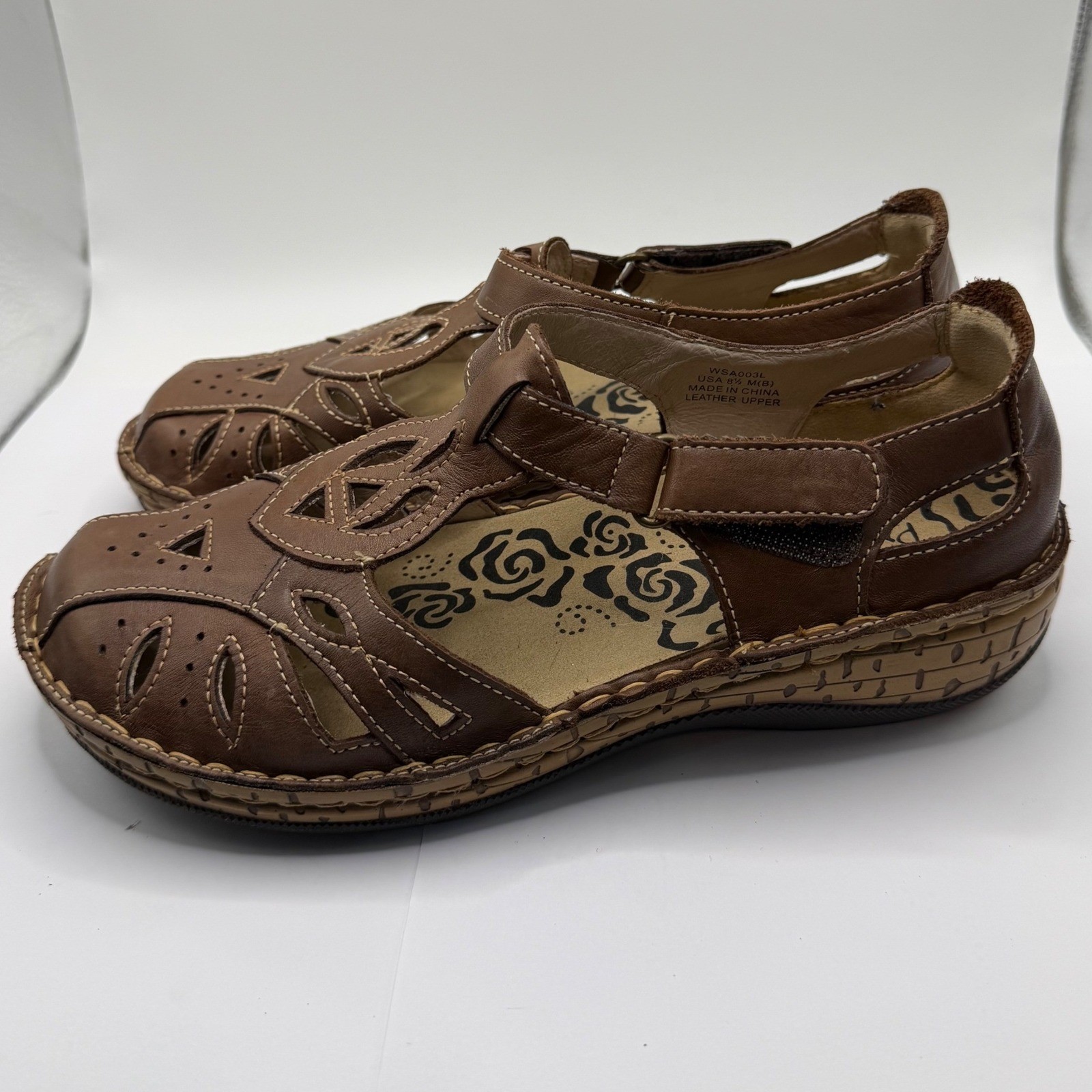 Propet Brown Leather Laser Cut Mary Jane T-Strap Comfort Flats Womens 8.5