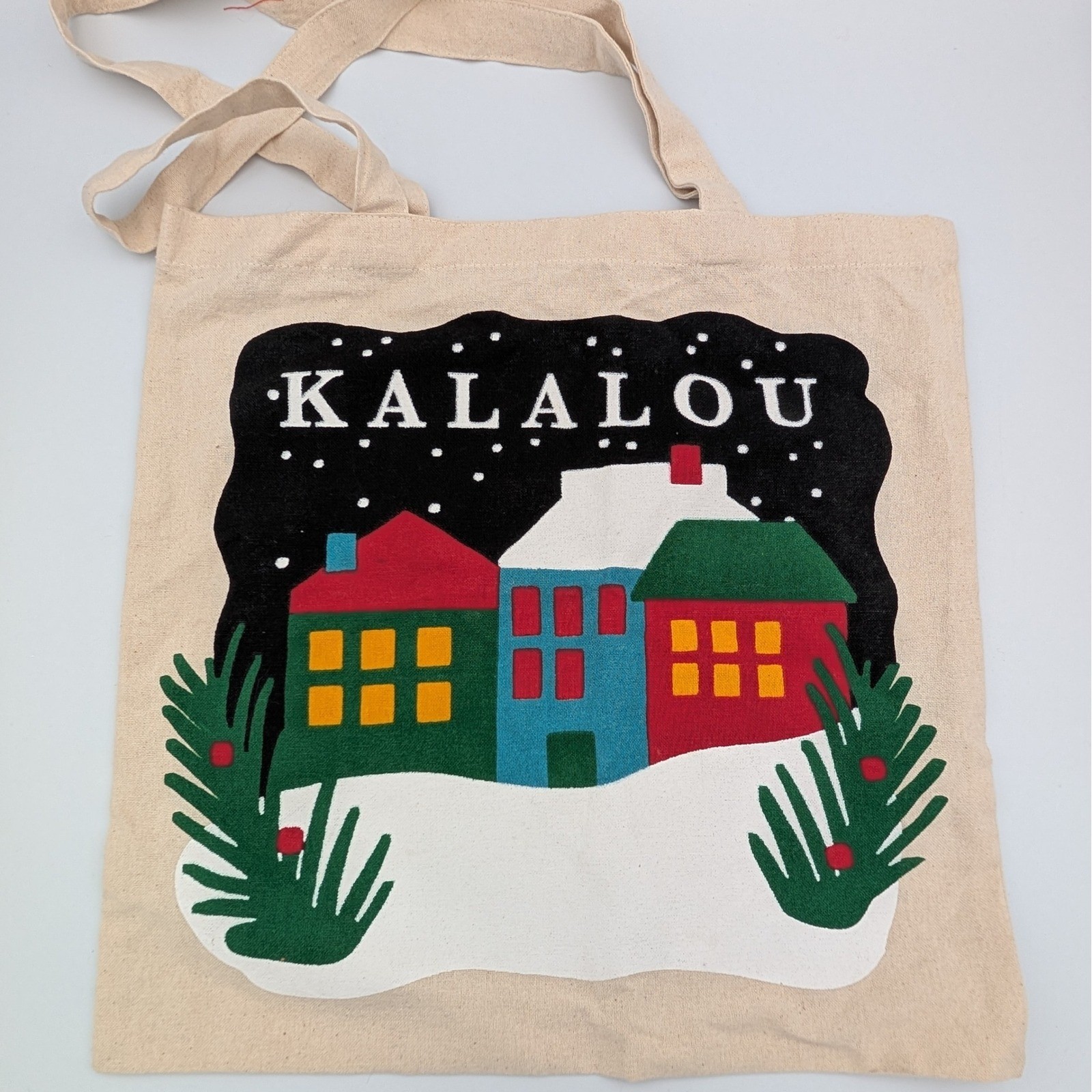 Kalalou Winter Village Canvas Tote Bag Christmas Holiday Village Scene Cream 15″
