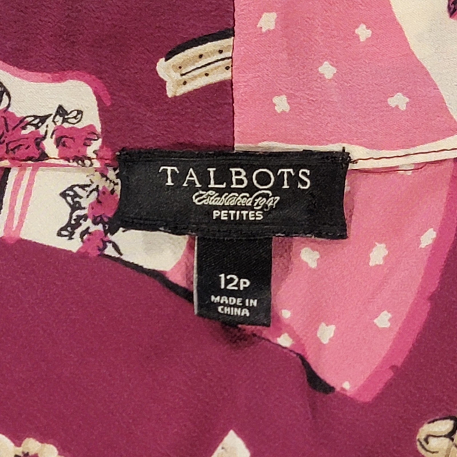 Talbots Silk Novelty Print Tie Neck Blouse Burgundy Pink Petite Top Women’s 12P