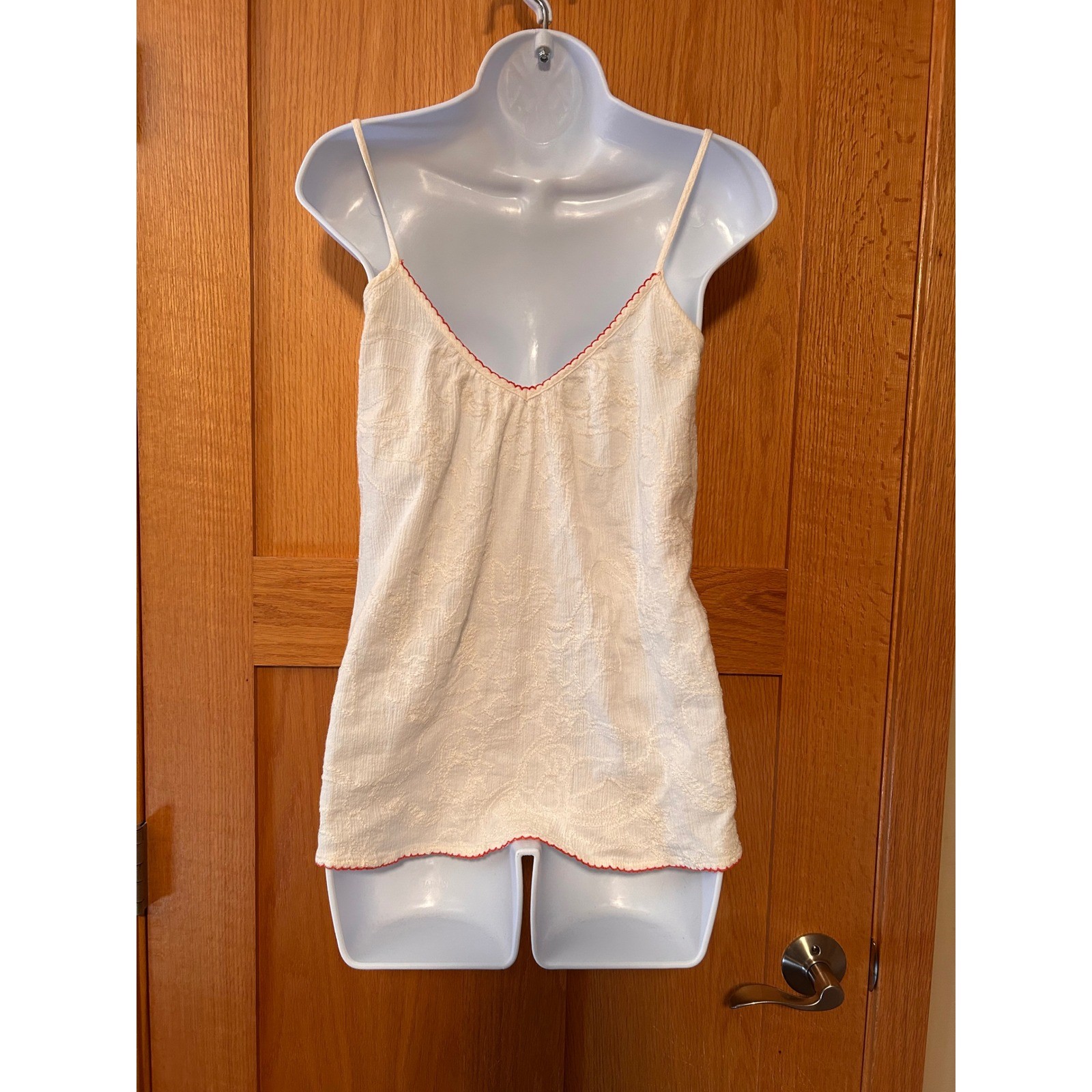 Billabong White Embroidered 100% Cotton Camisole Red Trim Boho Tank Top Medium
