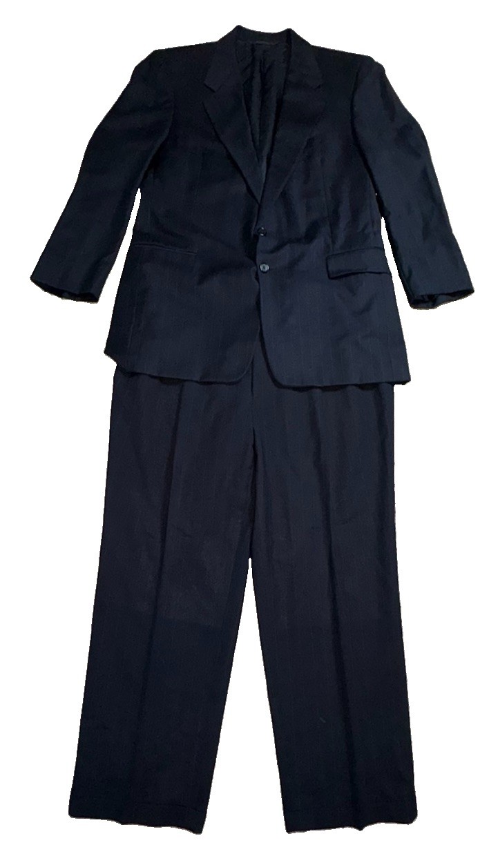 Hickey Freeman Collection Custom 100% Wool Navy Pinstripe Suit 44L Morton Britto