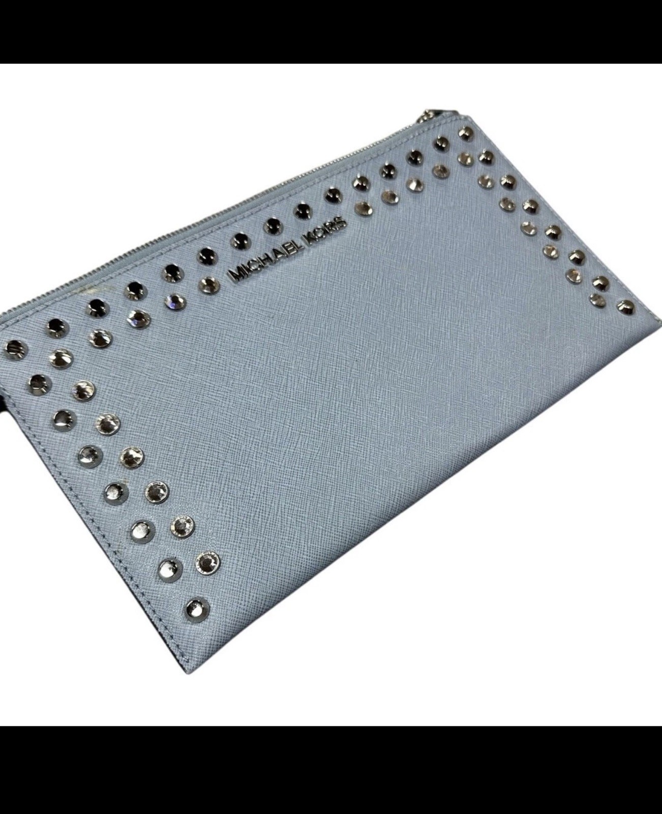 Michael Kors Pouch Wristlet Studded Saffiano Leather Pale Blue Glam Edgy Rocker