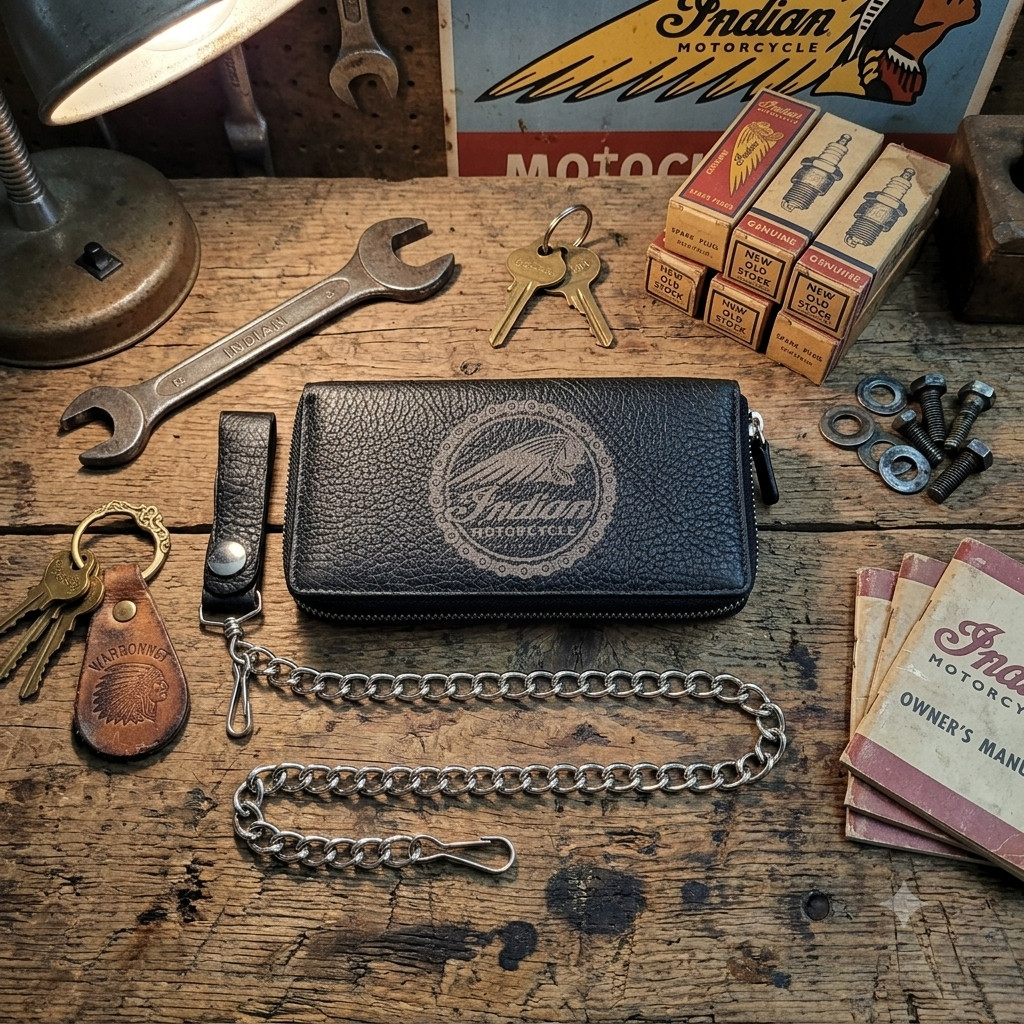 Indian Motorcycle Genuine Leather Biker All Over Zipper Bi-Fold Wallet W/ Chain