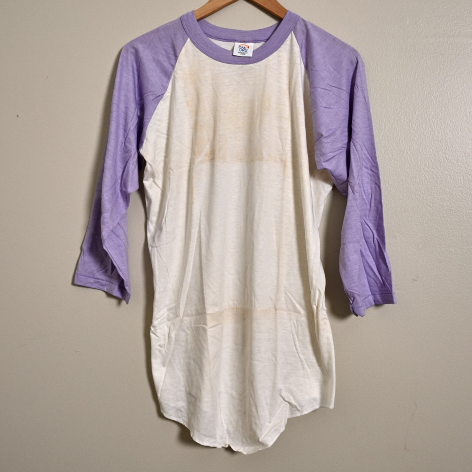 Vintage 80s Cal Cru Purple Sleeve Baseball T-Shirt Unisex L NOS