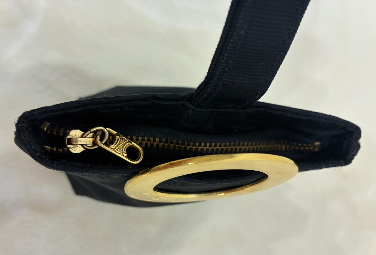 CELINE Mini Pouch Bag Black Nylon Ring Handle Authentic