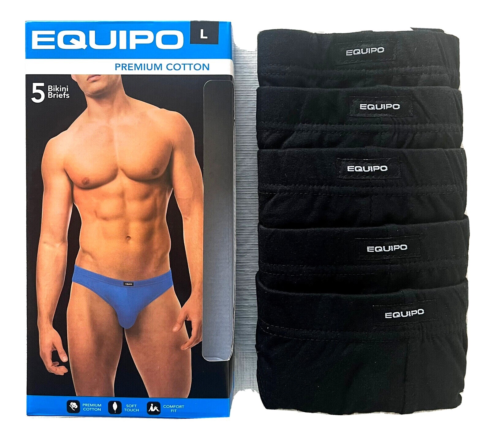 Men’s Equipo 5-Pack Bikini Briefs (Black Color) No Fly Premium Cotton Underwear