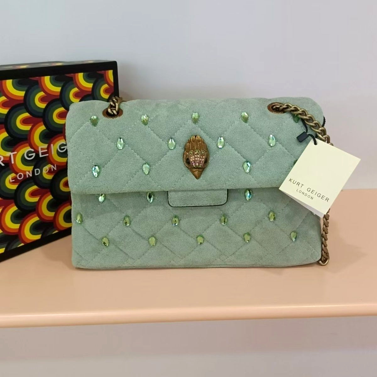Kurt Geiger London Mint Green Quilted Crossbody Bag Eagle Head Stud 21×7×13 cm