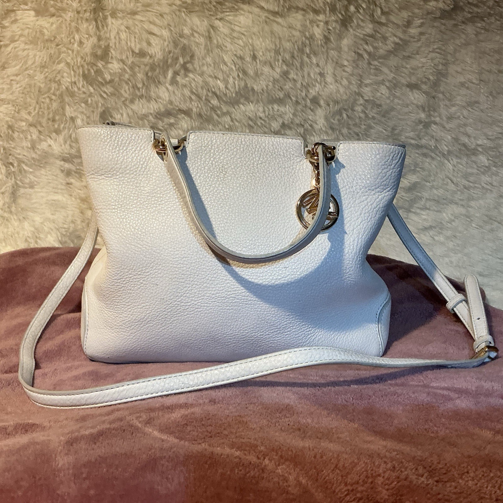 Women’s White Pebbled Satchel Top Handle Bag, Detachable Strap, Zip, Gold