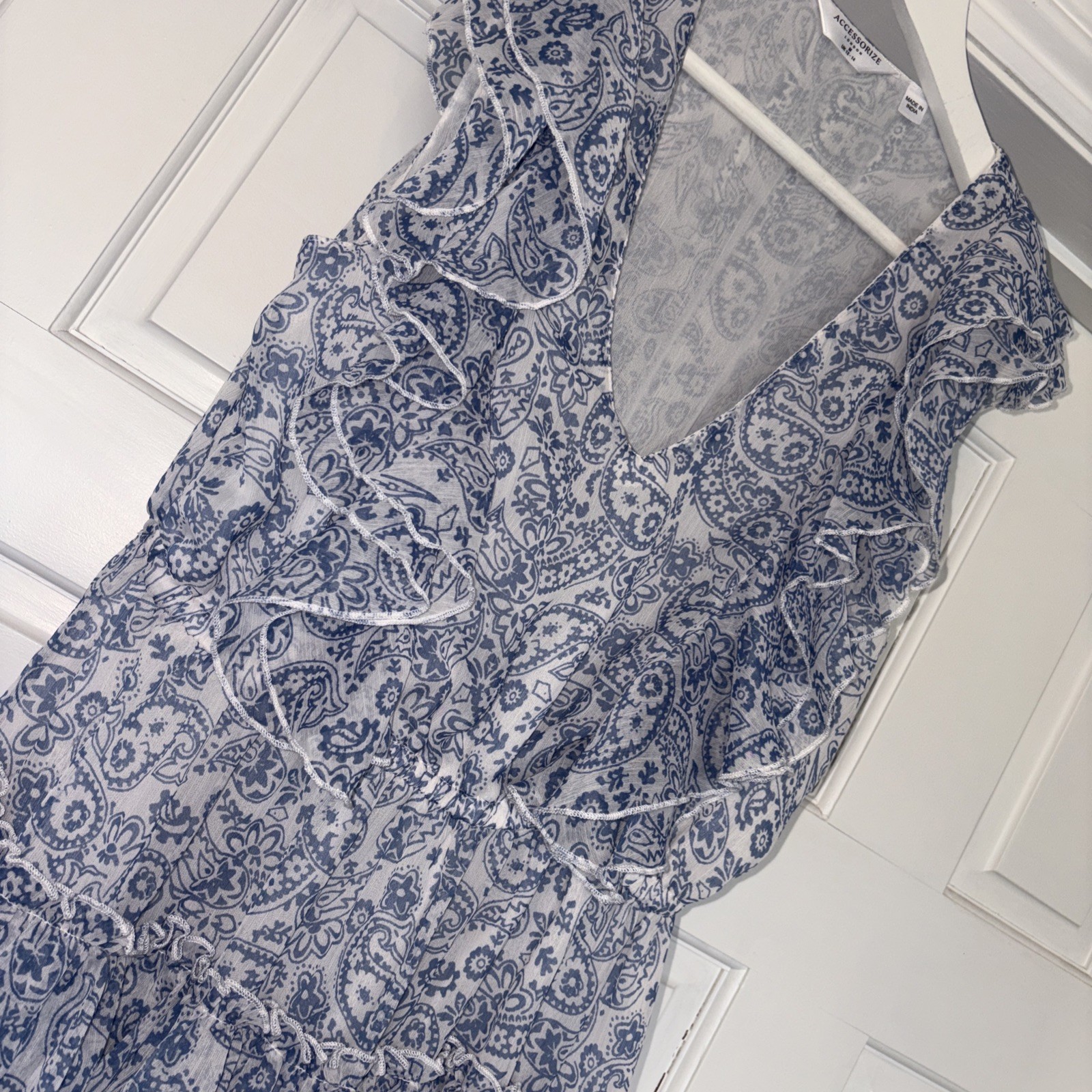 Accessorize London Blue & White Paisley Ruffle Tiered Mini Dress UK M 12-14