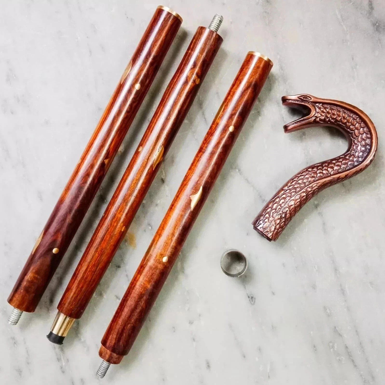 Snake Head Brass Handle Walking Cane Handcrafted Wooden Stick Vintage Cobra Gift