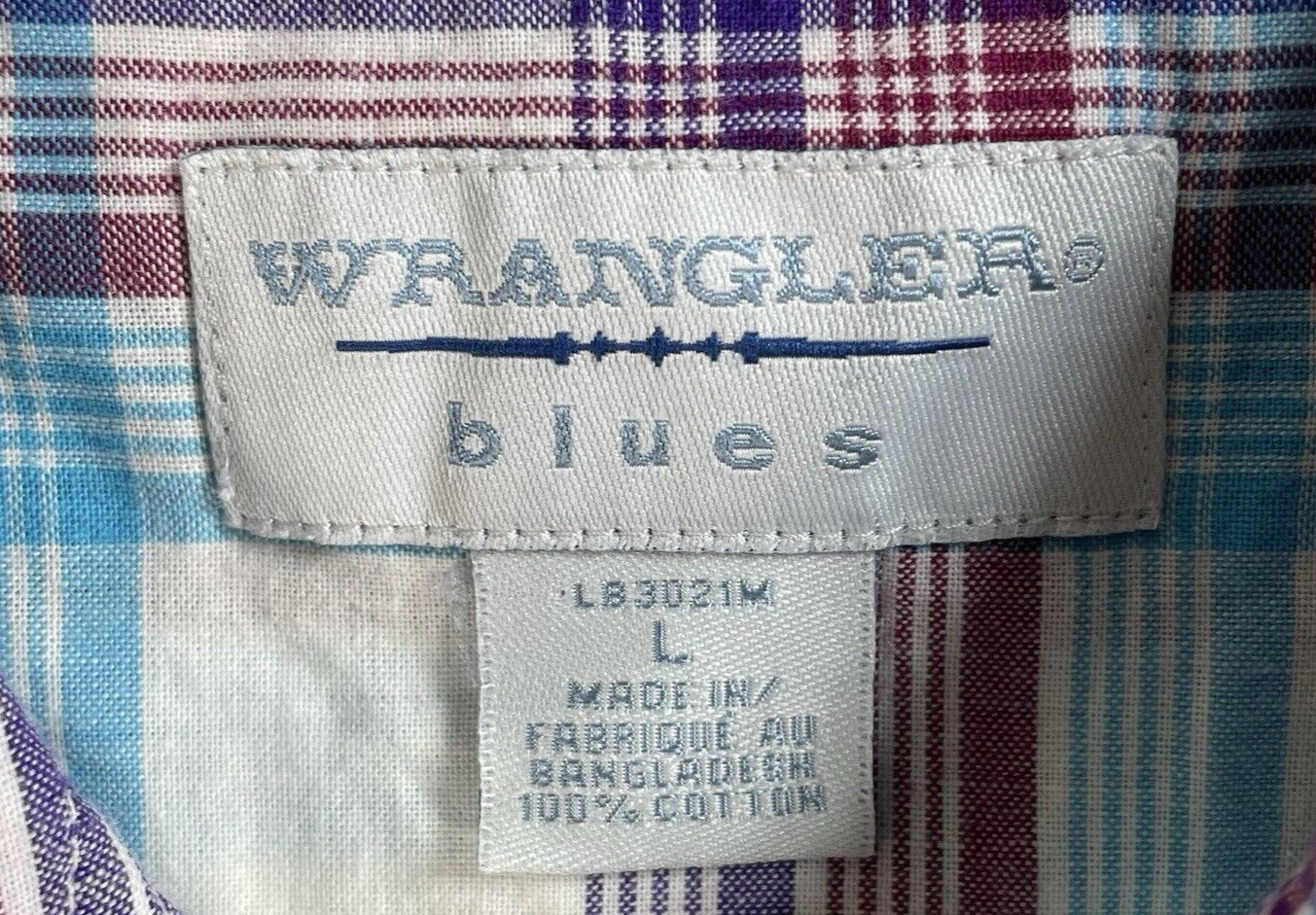 Wrangler Blues Shirt Womens Sz Large Red Blue Purple Plaid Western Pearl Snap