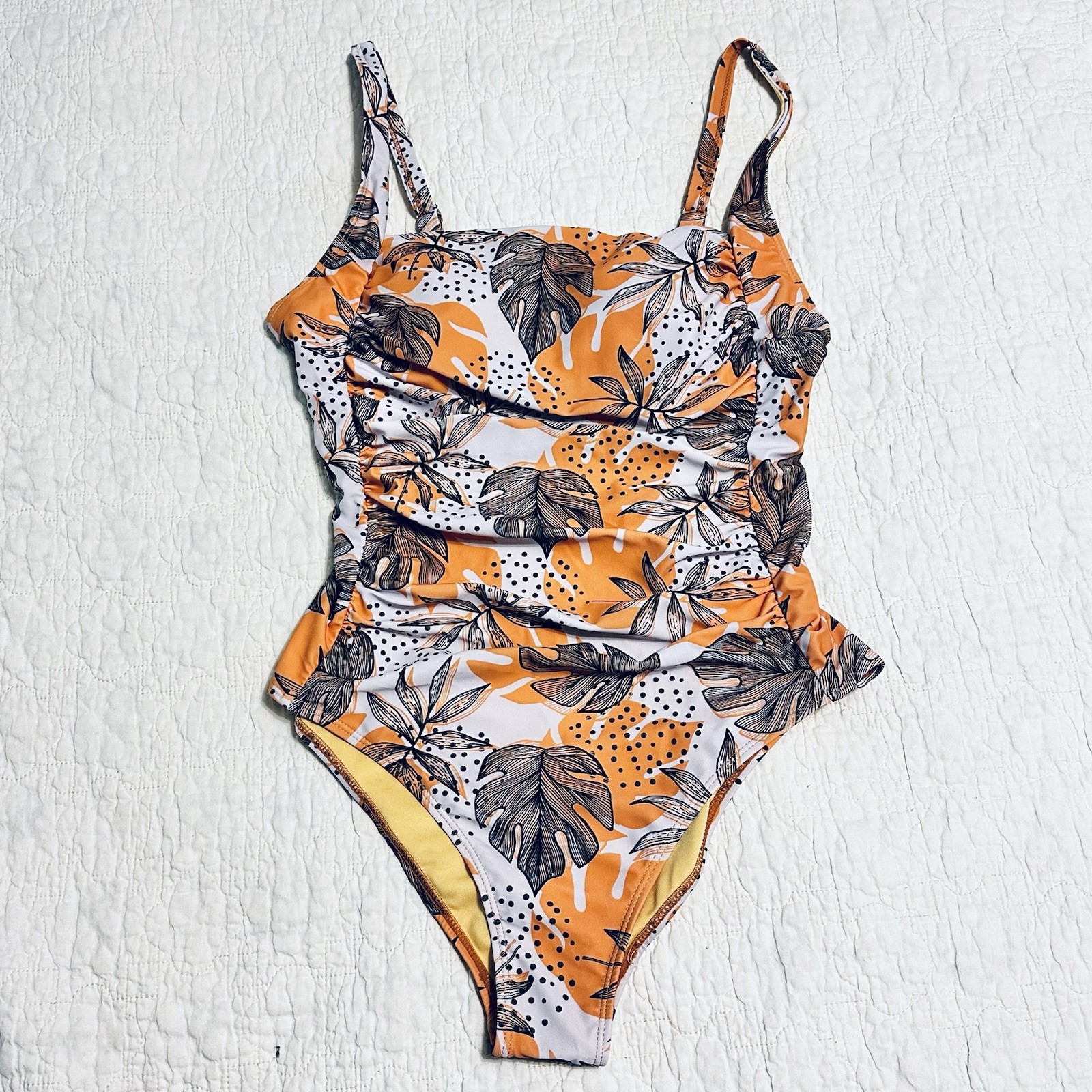 Unbranded 1 Piece Orange Brown White Tropical Print Swimsuit Sz Large Beach Pool