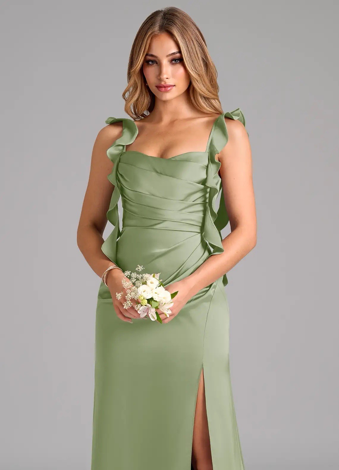 Azazie Jessamine Stretch Satin Bridesmaid Formal Gown Dusty Sage SZ A14 NWT $109