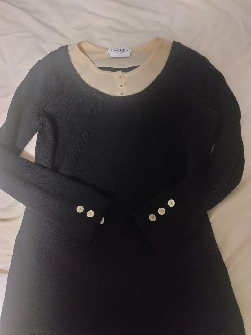 CHANEL BOUTIQUE Bicolor Knit Dress Coco Mark Black Beige Size 44 Authentic