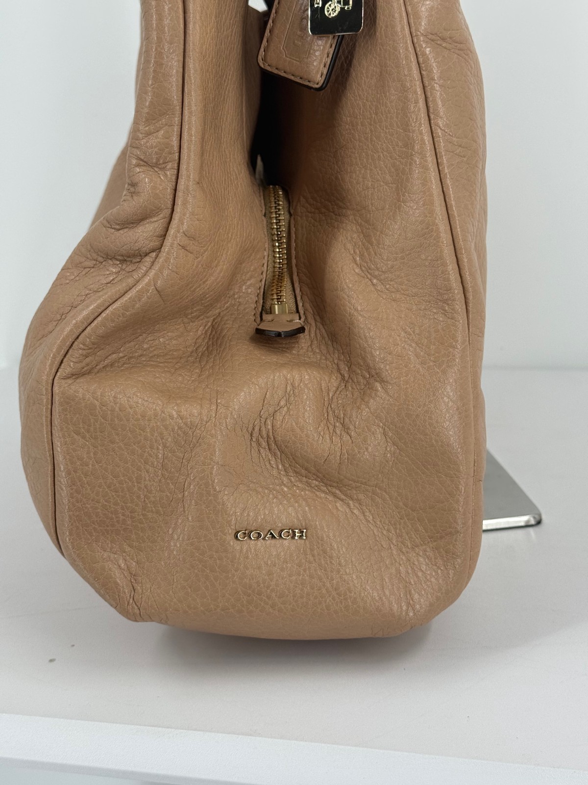 Coach Tan Brown Pebbled Leather Madison Phoebe Satchel Saddle Hobo Purse Bag