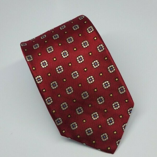 Tom James Corporate Image Silk Tie Red Blue Silver Geometric 65.5 x 3.25 Long