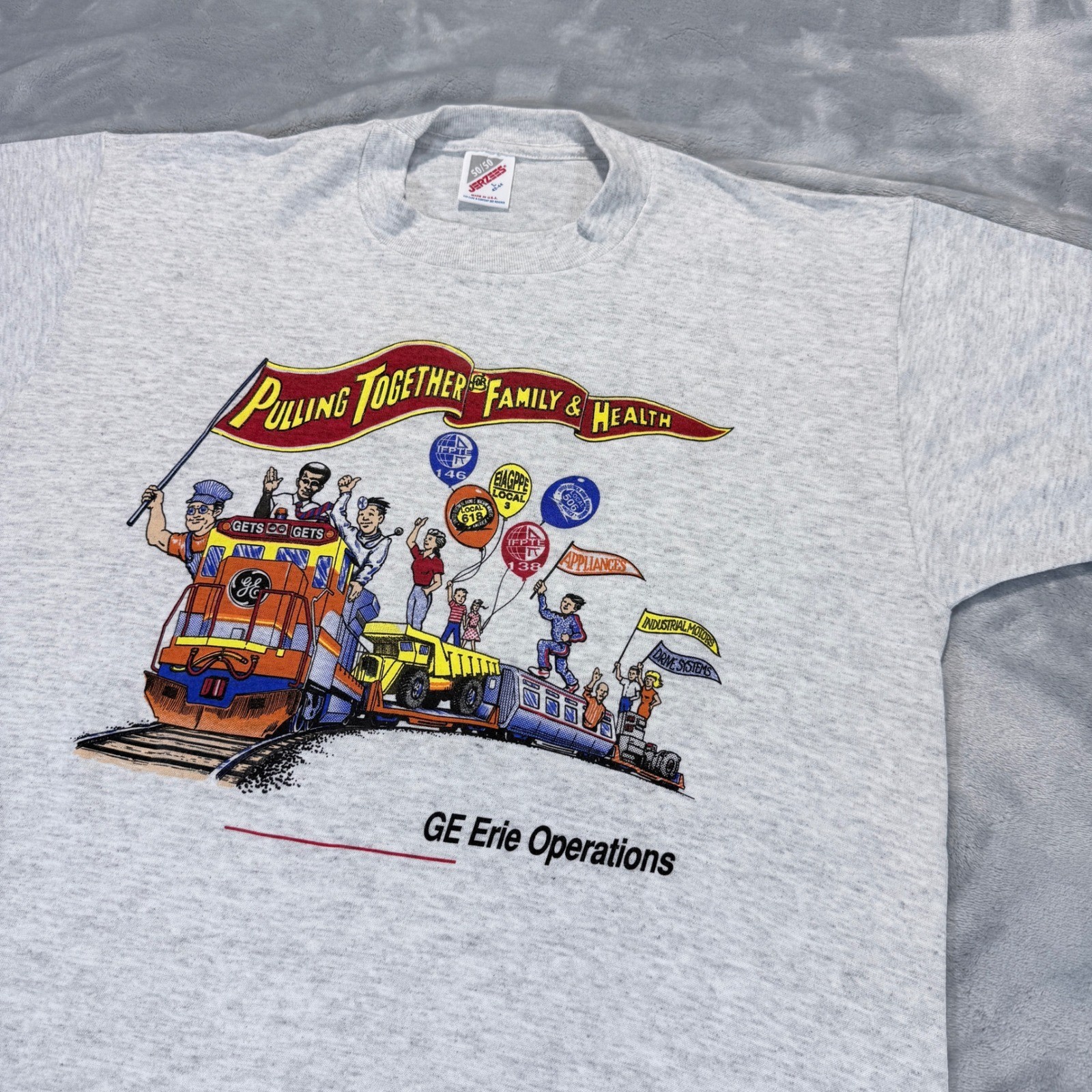 Vintage Jerzees GE Erie Operations Union Graphic T-Shirt Gray Mens Large L USA