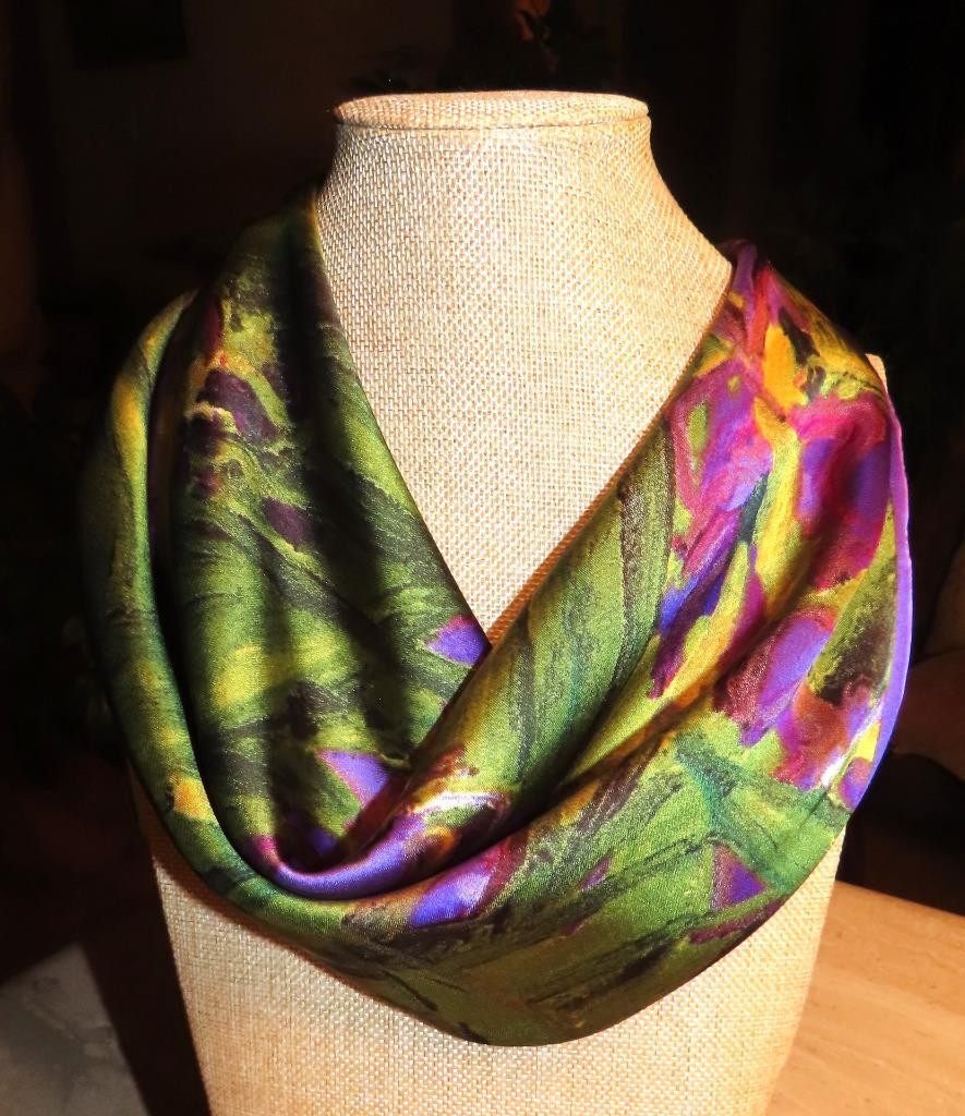Square irises scarf; Van Gogh? purple gold brown green+ poly; NWT; 27×26.5 in.