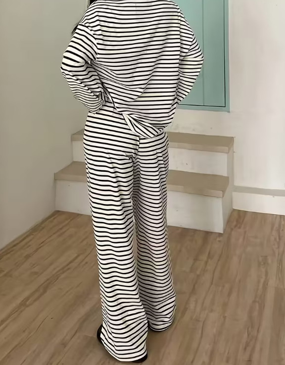 Unisex Striped 2Pcs Lounge Set Long Sleeve Top High Waist Pants