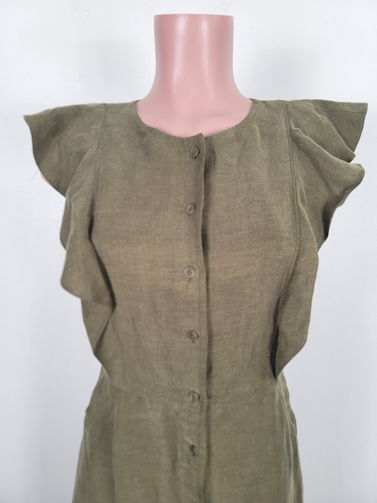 J. Crew Ruffle Sleeve Linen Cupro Blend Dress Olive Button Front Dress Size 6