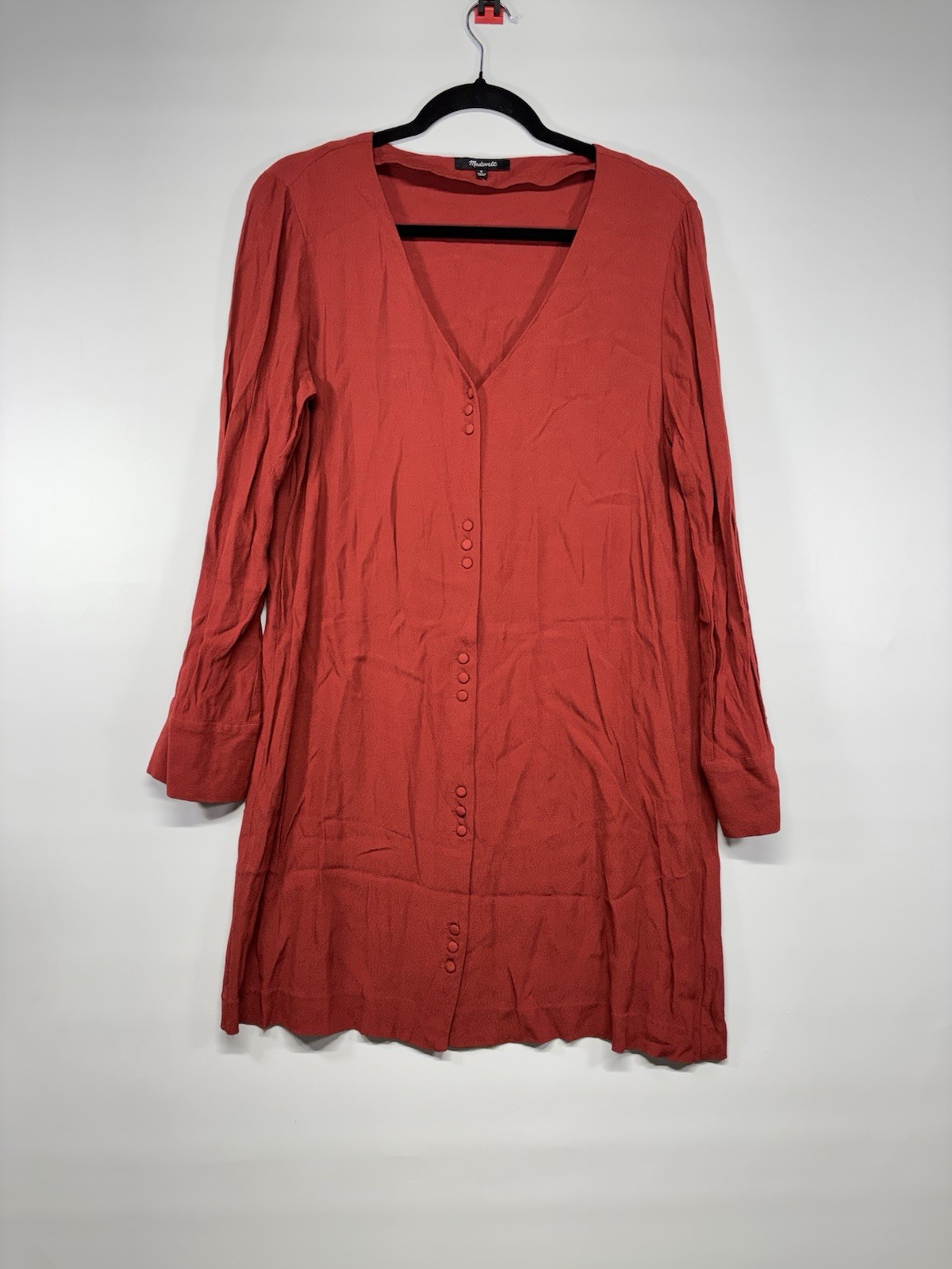 Madewell Red V-Neck Button Front Long Sleeve Shift Short Dress Viscose M