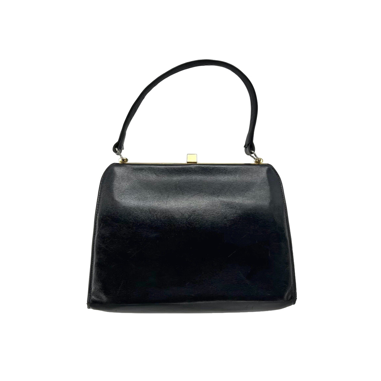 Vintage Leather Kelly Hand Bag 50s 60s Navy Black Gold Mods Gold Clasp Satchel