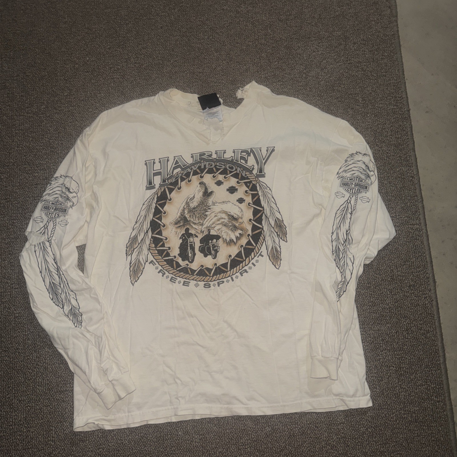 Vintage Harley Davidson Long Sleeve T Shirt White Wolf Feathers Size Large