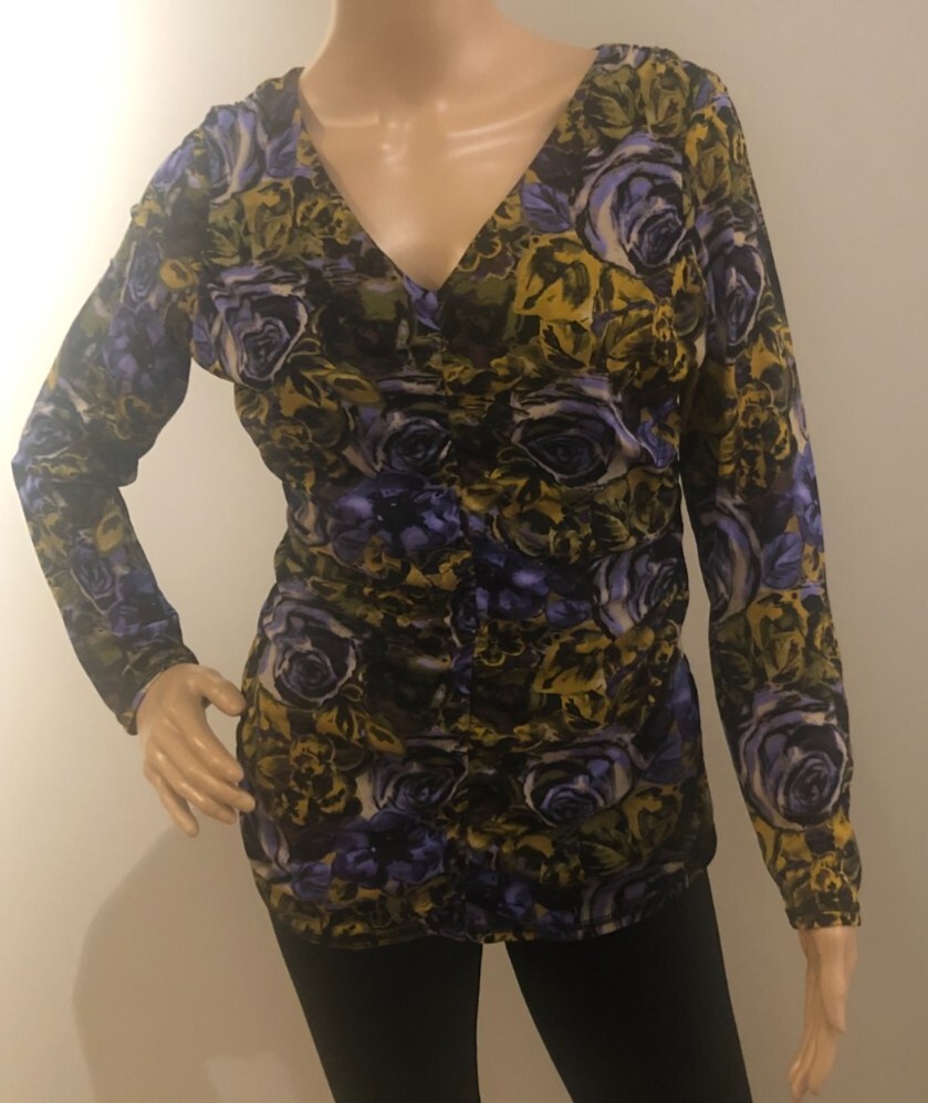 WORTHING WOMAN’S BLOUSE SZ M LONG SLEEVES PURPLE/GOLD FRONT RUCHING