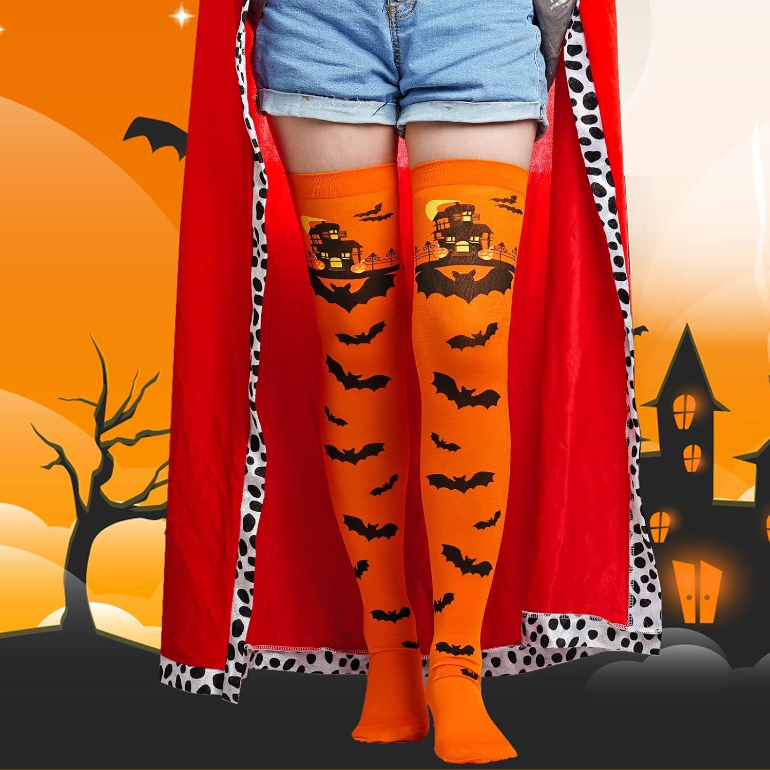 Thigh High Halloween Socks Long Over Knee Spider Bat Stockings 3 Pairs Hosiery