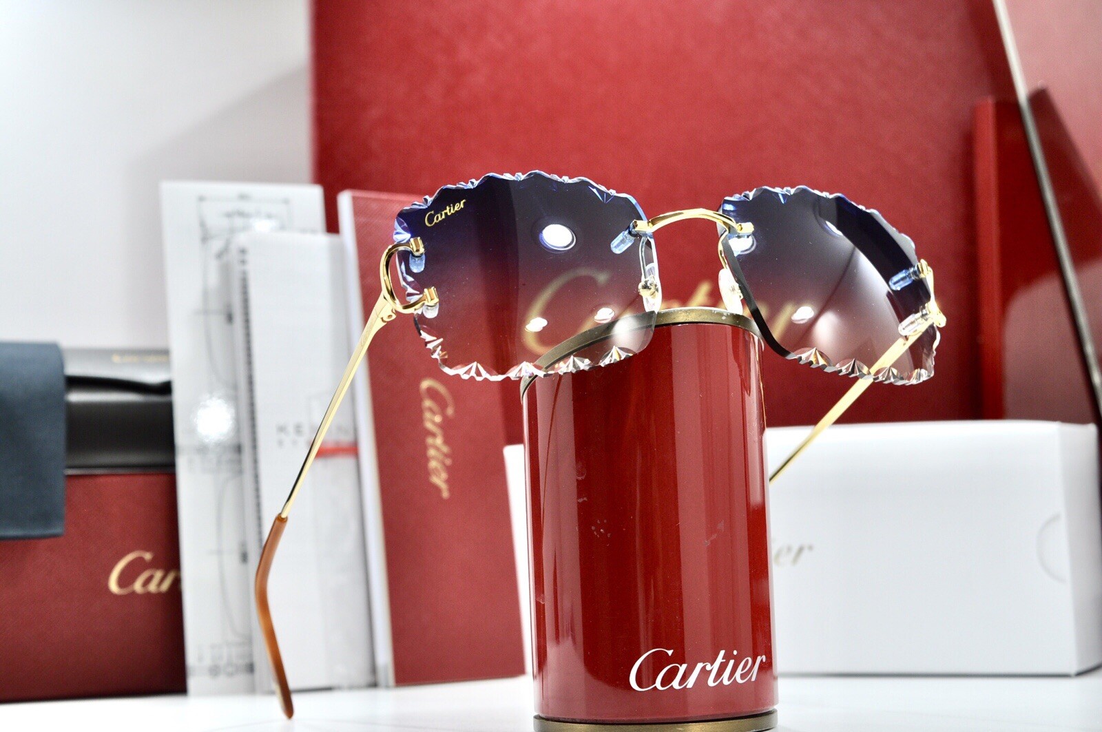 New Cartier rimless sunglasses fred glasses Diamond Cut decor BIG C gold Frame