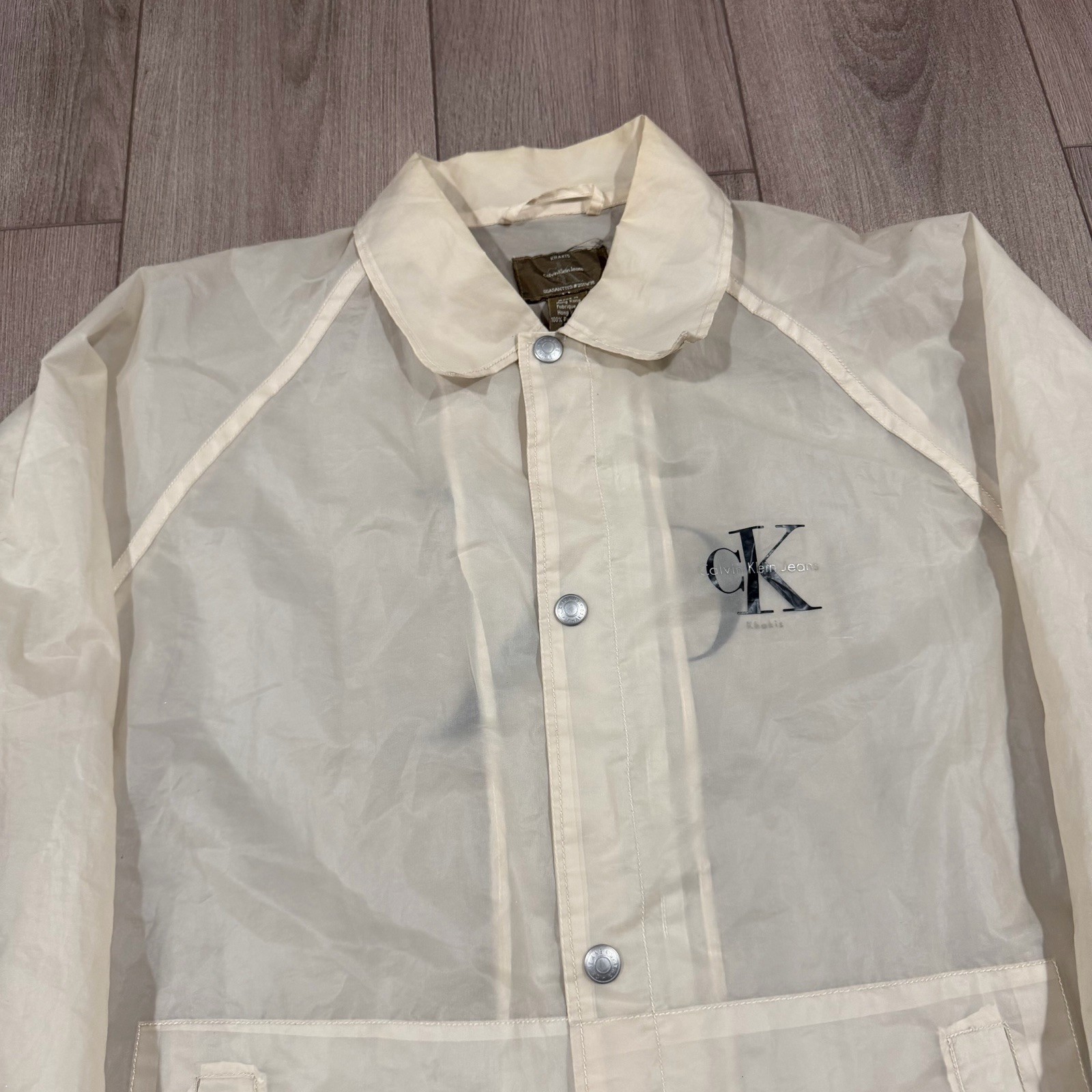 VTG RARE Calvin Klein Rain Jacket Mens Large Hood Clear Transparent Plastic PVC