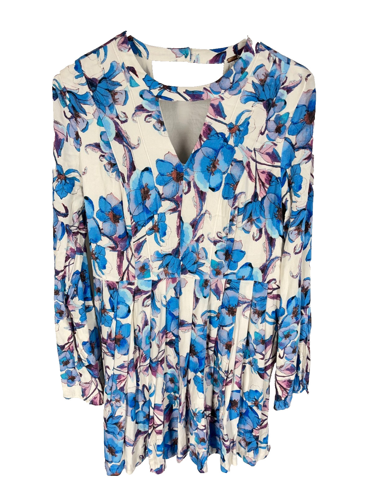 Free People Tegan Blue White Floral Print Keyhole Mini Tunic Dress Size 8