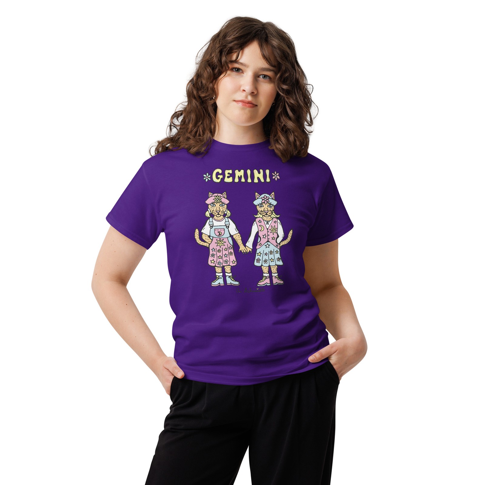 Gemini Twin Cats 90s Celestial Astrology Unisex classic tee