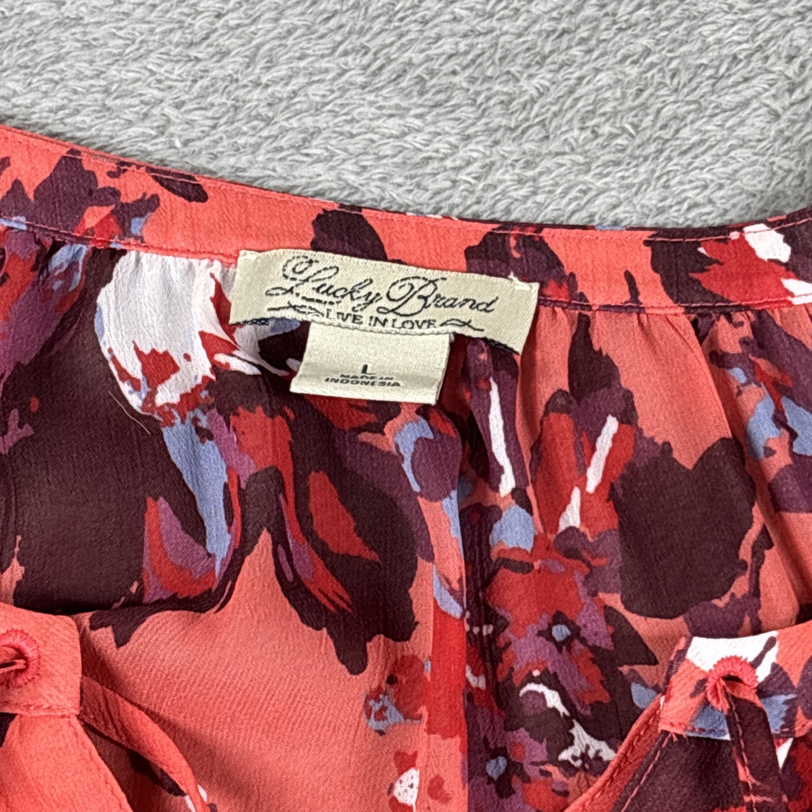 Lucky Brand Multicolor Floral Print Lace-Up Neckline Semi-Sheer Top Shirt Size L