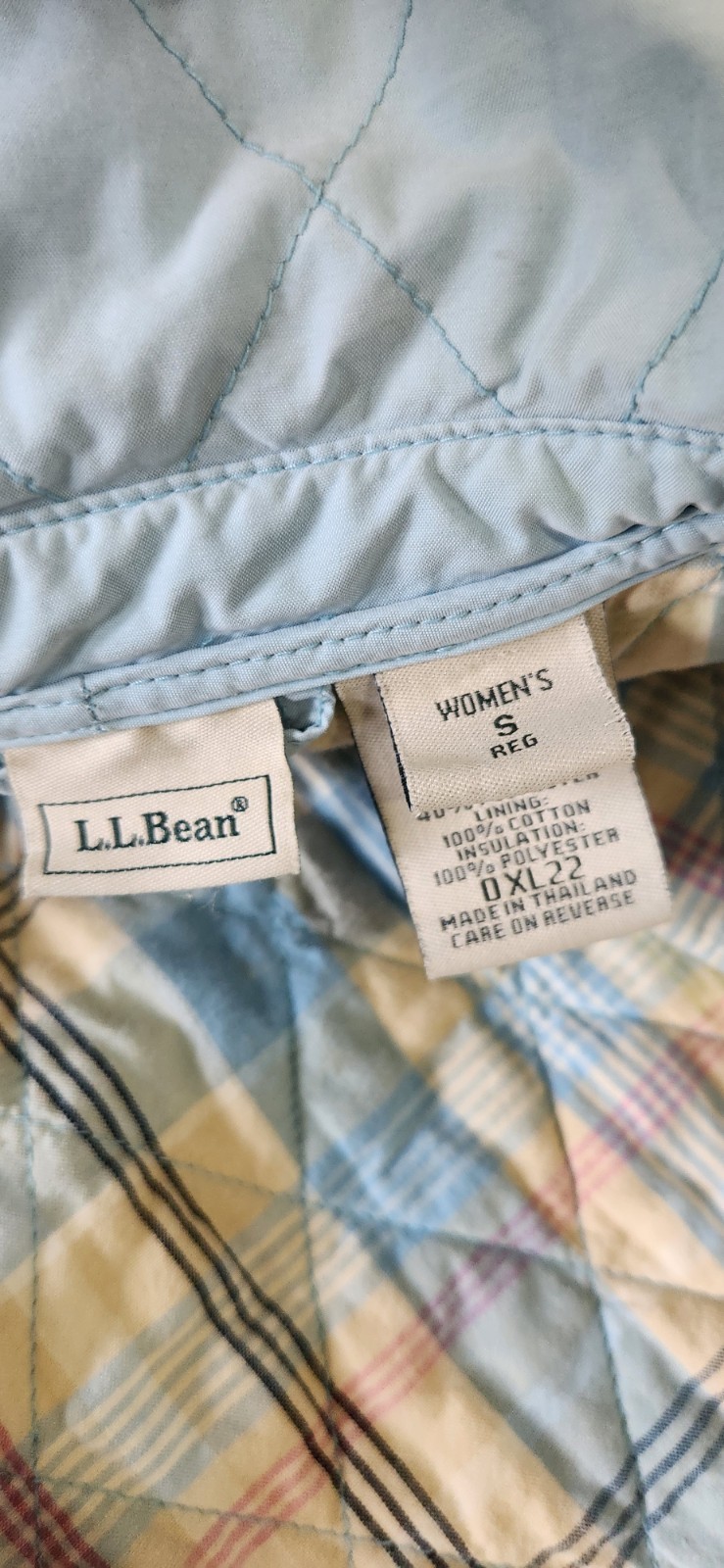 LL Bean Quilted Jacket Women’s Small Baby Blue Plaid Lined Barn Coat Diamond
