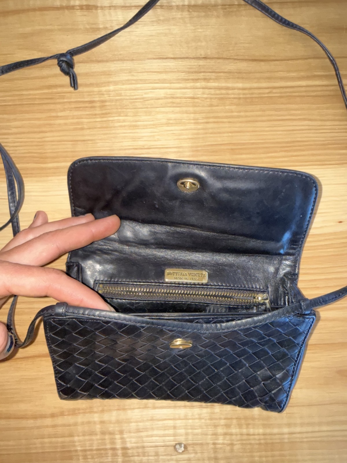 Vintage Bottega Veneta Intrecciato Black Leather Crossbody Bag Italy