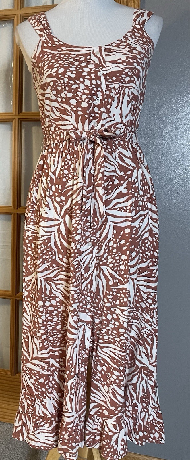 Japna Printed Button Midi Dress L Pink White Belted Slit Smocked Boho Beach