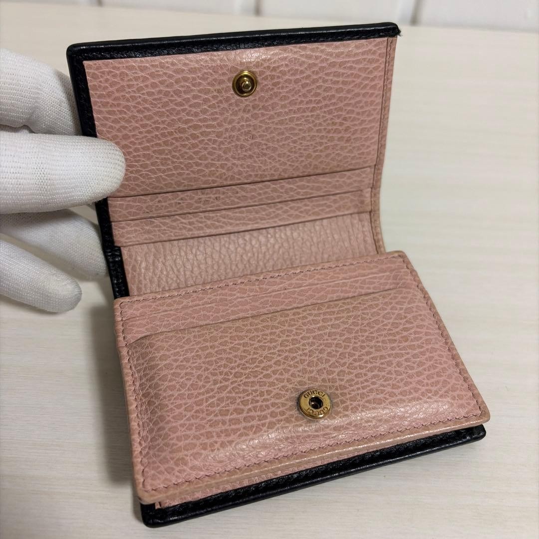 GUCCI Folded Mini Wallet Black Pink Leather Gold Logo Ribbon