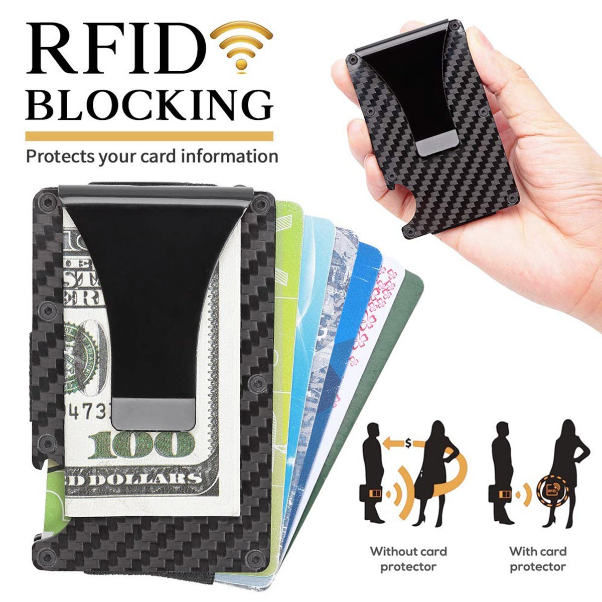 Carbon Fiber Minimalist RFID Blocking Wallet -Slim Metal Credit Card Holder Clip
