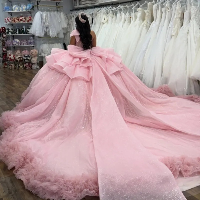 Light Pink Shiny Quinceanera Dress Applique Lace Beaded Bow Off Shoulder Sweet16