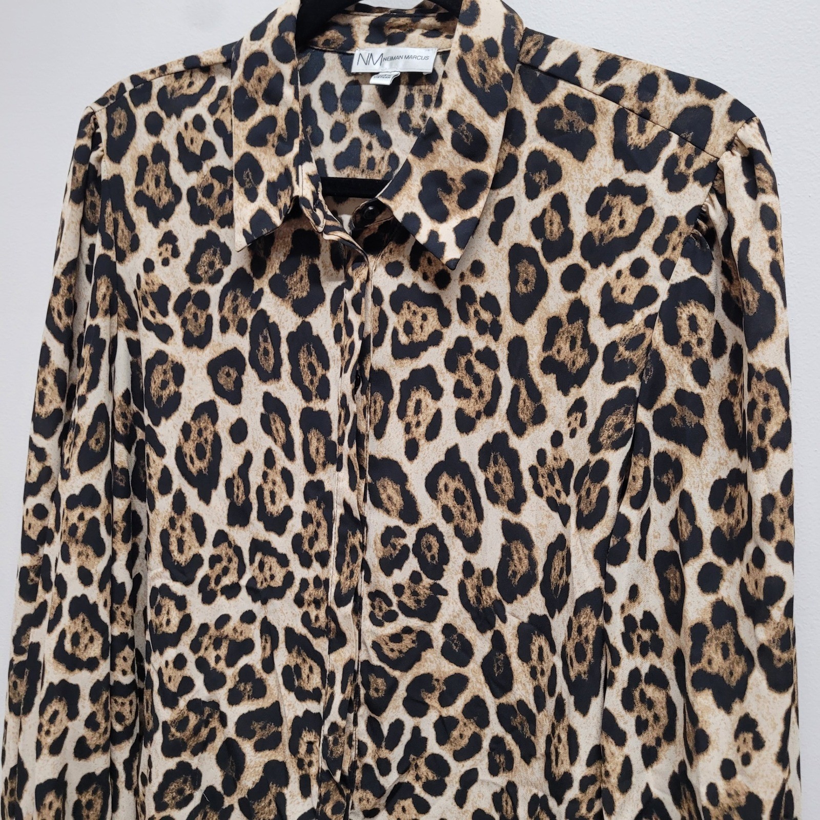 Neiman Marcus Womens Leopard Print Button Down Blouse Long Sleeve Brown Tan L