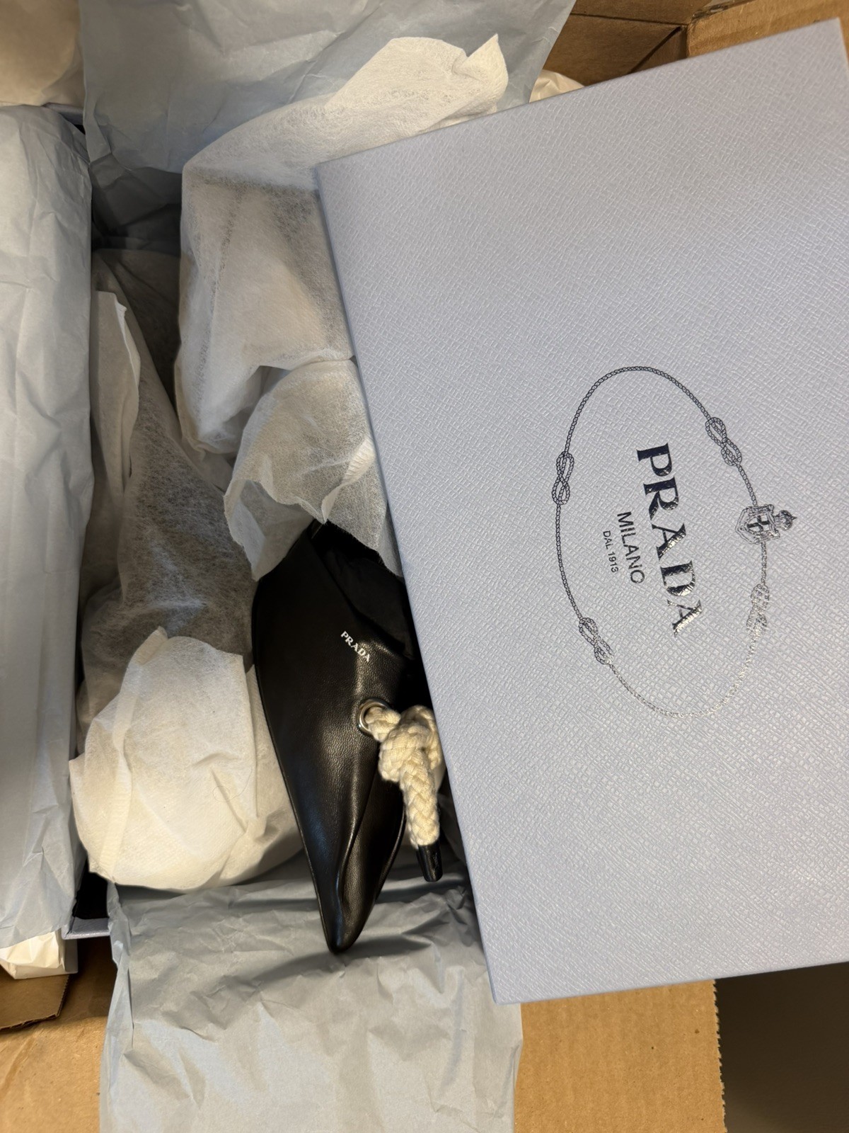 PRADA Nappa Leather Cord-Detail Heeled Mules Black Retail-1250 NEW WITH BOX