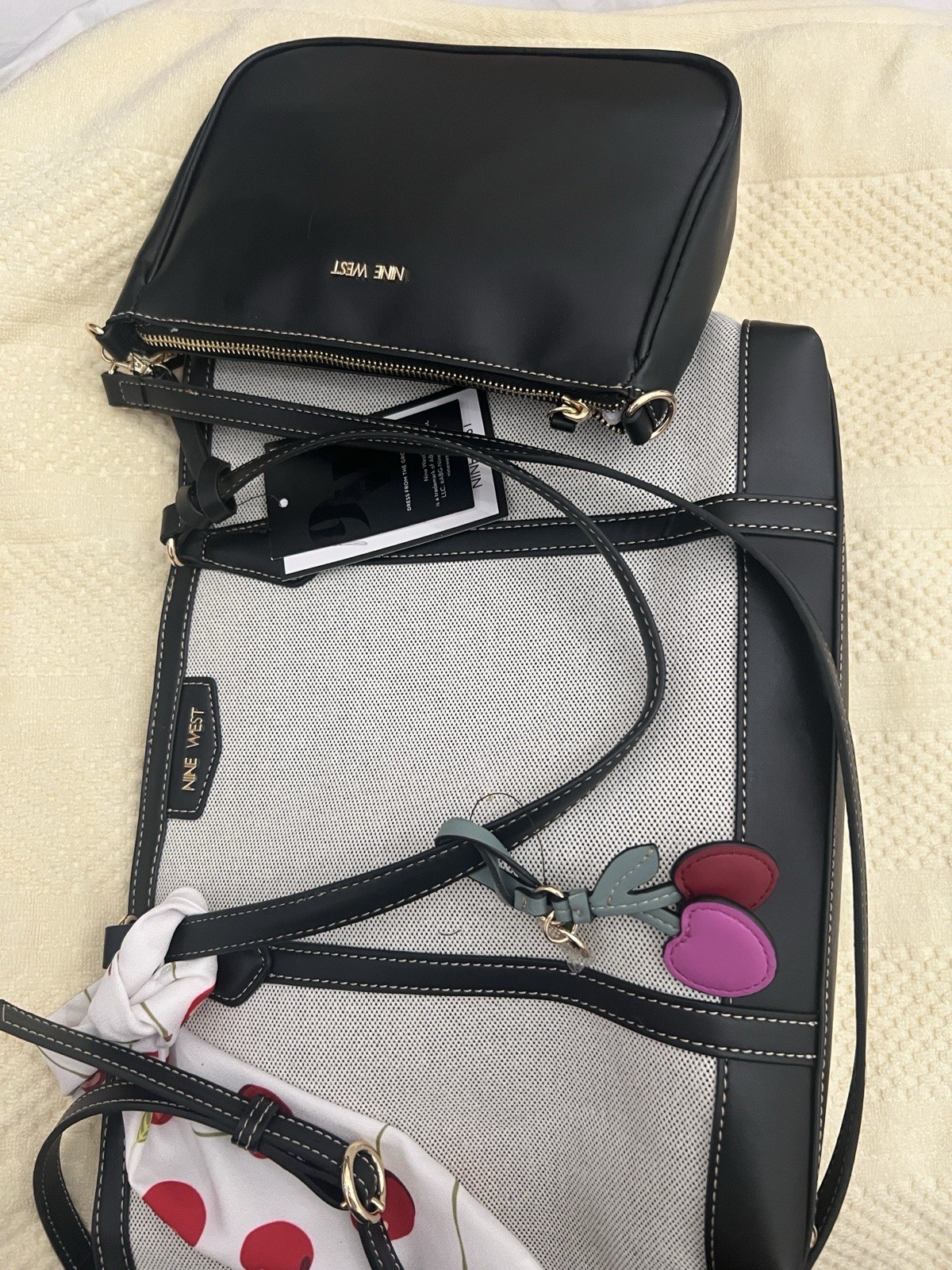 Nine West 2-in-1 Large Colorblock Tote Set Black/White Detachable Strap Pouch