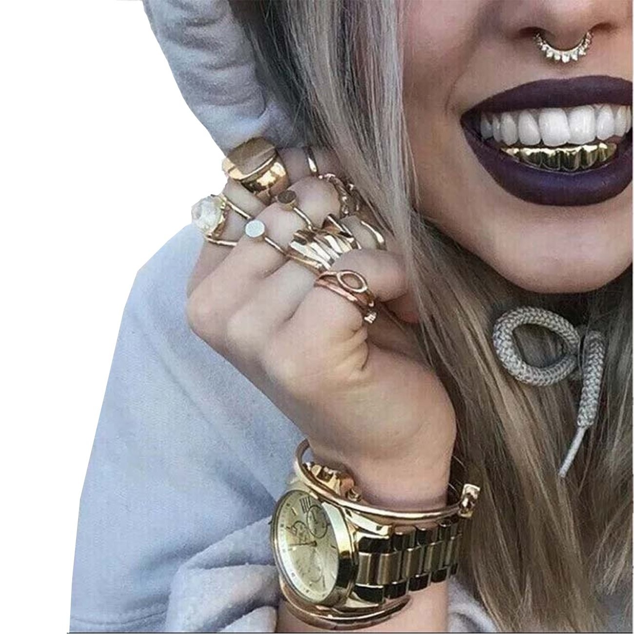 24K Gold Plated Punk Custom Fit Teeth Top: 5×1.3cm, Bottom: 4×1.1cm,