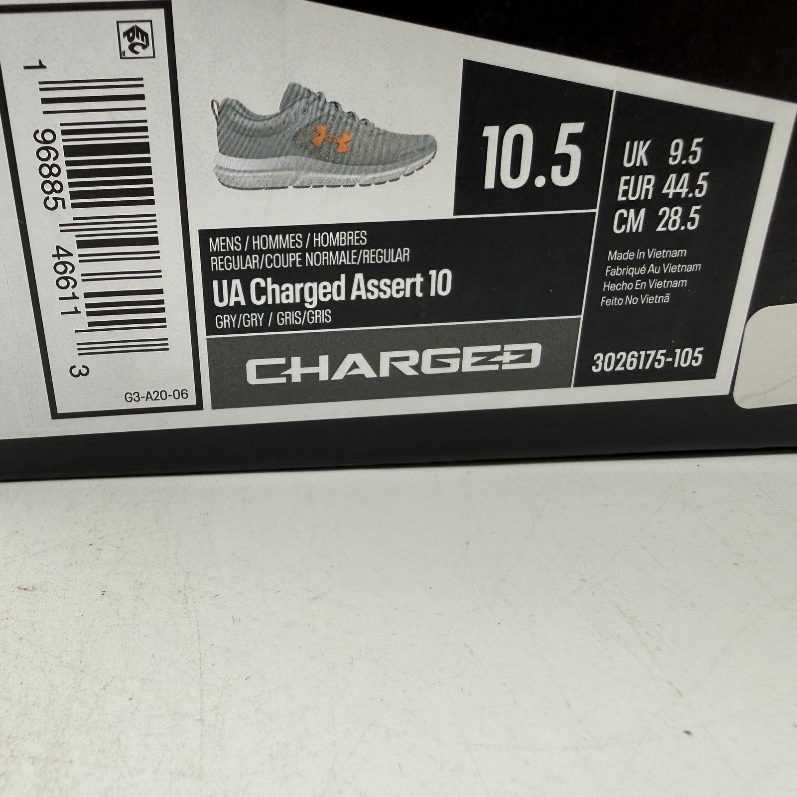 Under Armour Charged Assert 10 Mens 10.5 Gray Orange Running Shoes 3026175-105