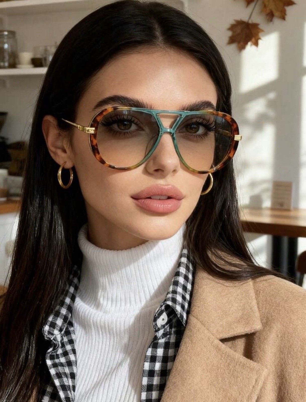 Oversized Tortoise Sunglasses Women Double Beam Metal Frame UV400